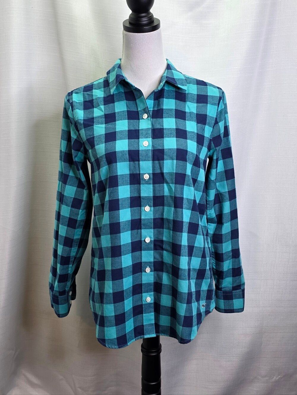 Vineyard Vines Blue Gingham Relaxed Fit Plaid Button Down Flannel Shirt Size 2